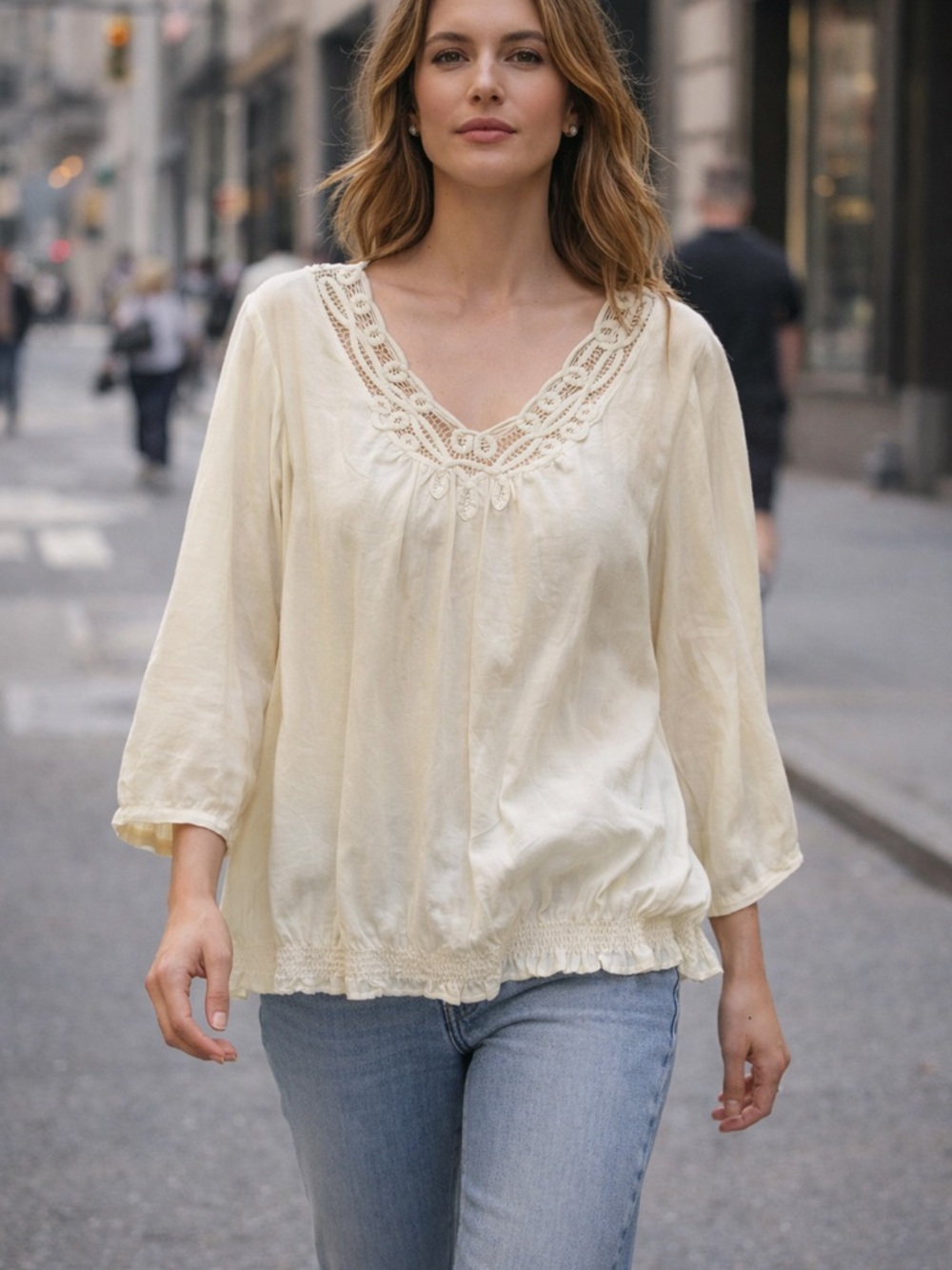 Chico's Boho Lace-Trim Peasant Blouse — Cream